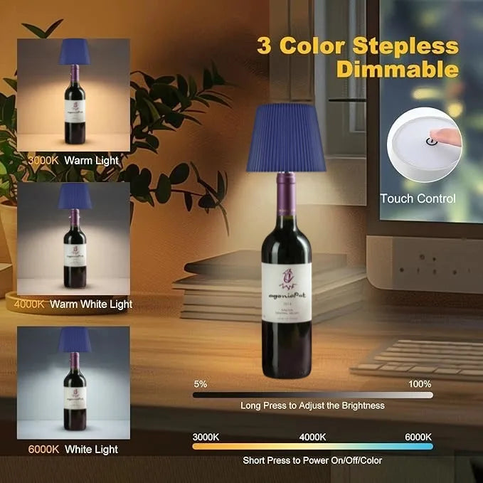 Rechargeable LED Wine Bottle Topper Lamp – Touch Control, 3 Dimmable Light Modes