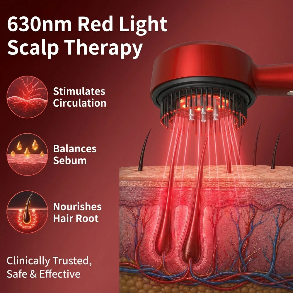 Red Light Scalp Massager Comb with Serum Applicator – 3 Massage Modes, Rechargeable
